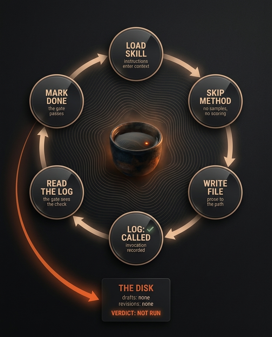 A closed loop of six steps (load skill, skip method, write file, log called, read the log, mark done) cycling back on itself, with one ember arrow breaking out to the disk, where the verdict reads NOT RUN