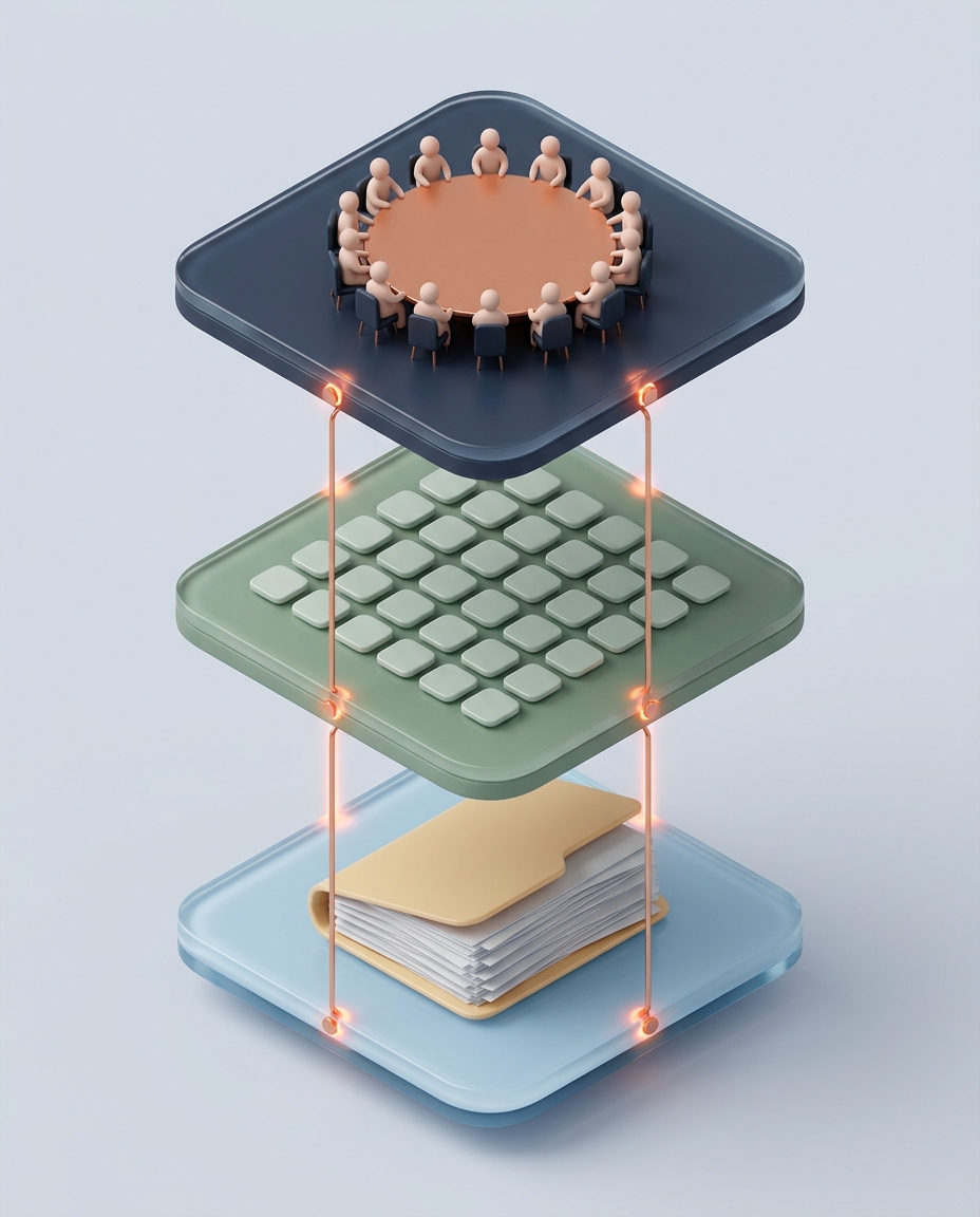 Three stacked isometric plates: a council of thinkers around a table, a dense grid of framework tiles, and an overflowing folder of source documents.