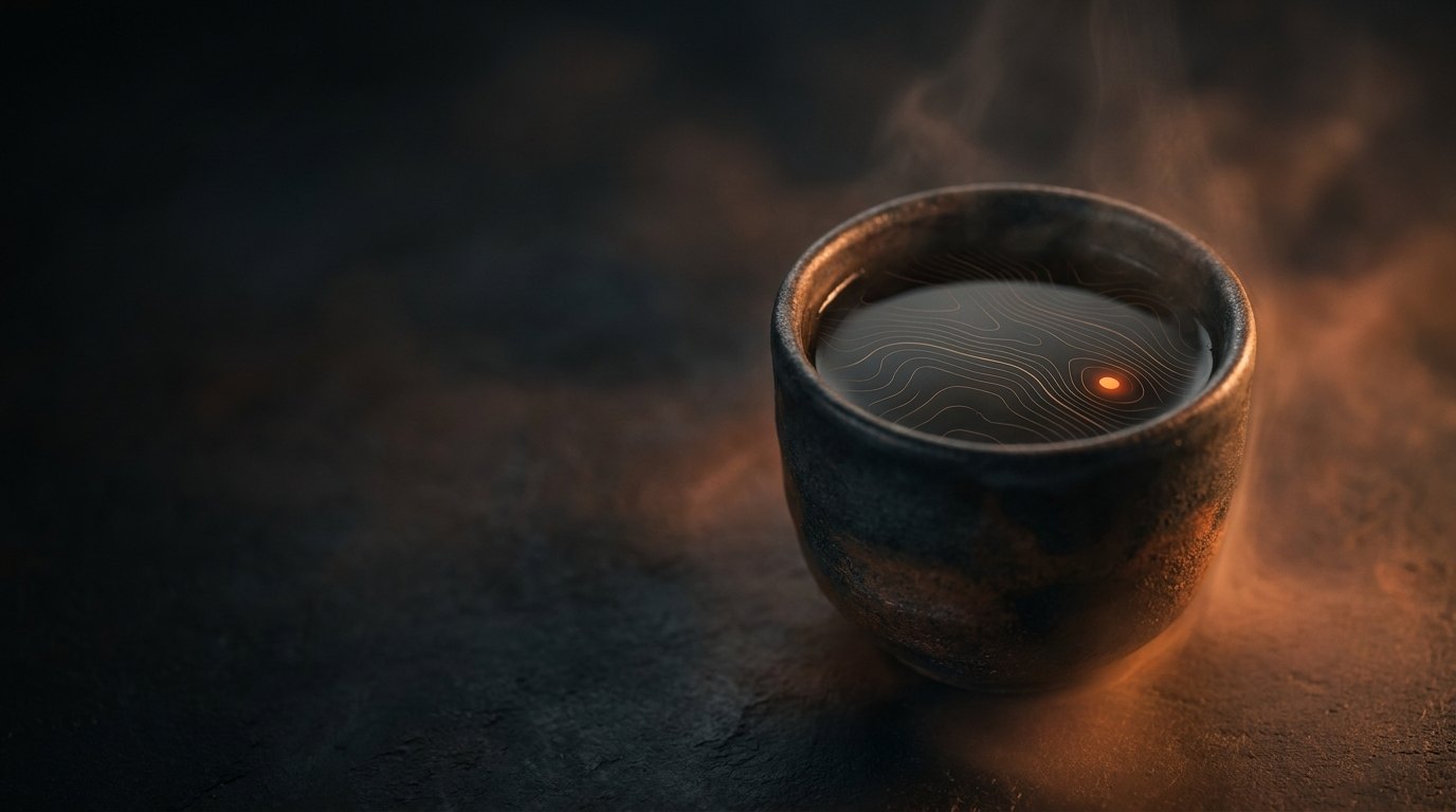 The Steep: a steaming tea cup glowing in ember-lit shadow, its surface a topographic contour map with a single luminous origin point
